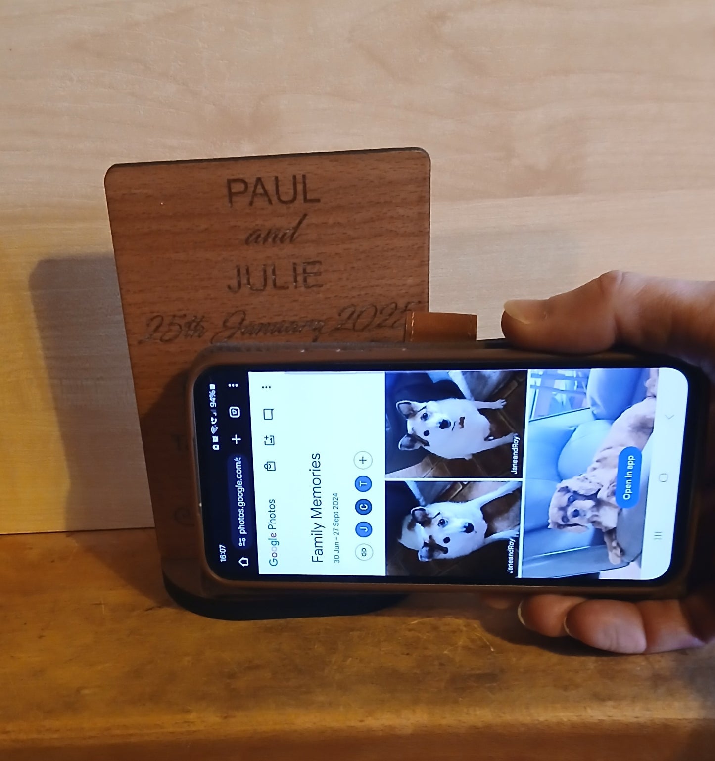 Steamed Beech NFC Photo Sharing and Upload Sign with Stand. Natural Materials.