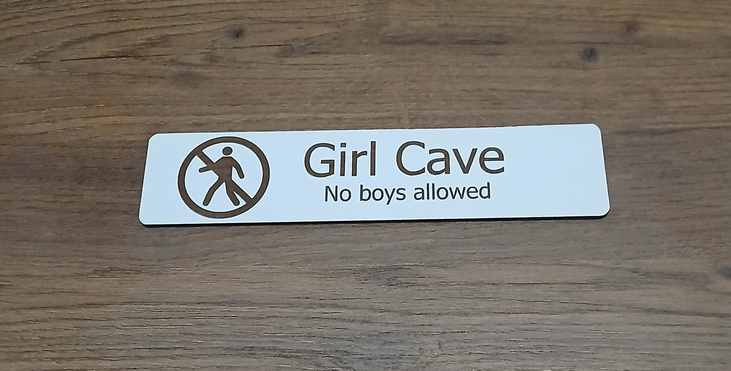 Girl's Bedroom Door Sign. Girl Cave - No Boys Allowed. White Wood Collection. With Adhesive Backing Tape.