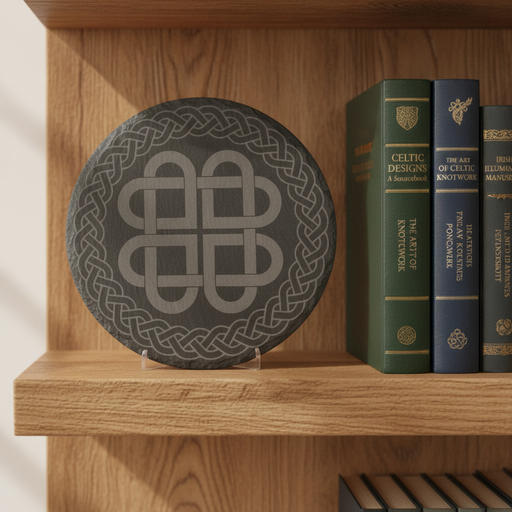 30cm Round Slate Serving Platter | Detailed Celtic Engraving, Non-Slip Rubber Feet | Cheese Board & Table Centrepiece Display. Weatherproofed.