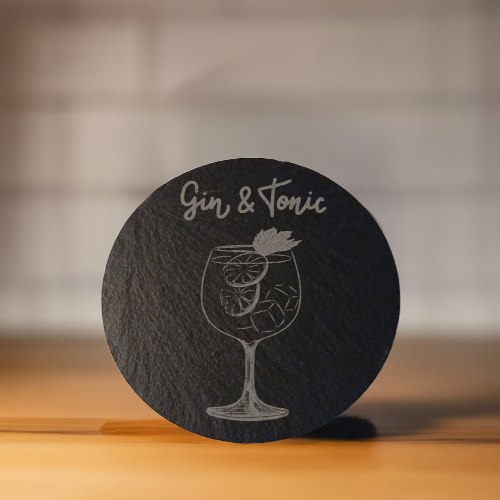 6 Drink Themed Chunky, Round, Slate Coasters with Bumper Feet.