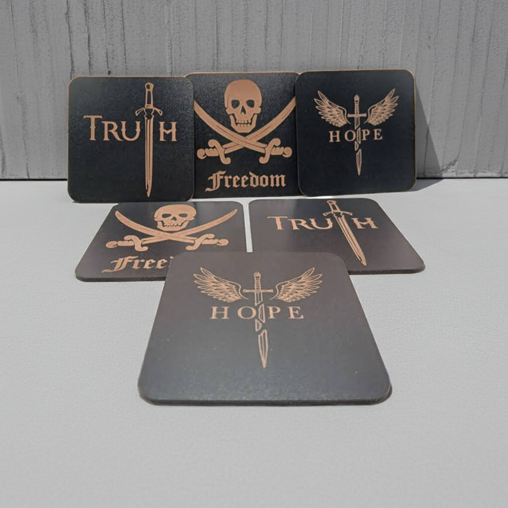 6 Wooden Coasters. Swords Collection. (3 Designs), Square. Black Wood Collection.