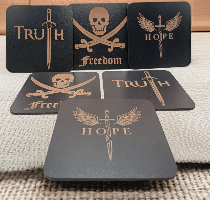 6 Wooden Coasters. Swords Collection. (3 Designs), Square. Black Wood Collection.
