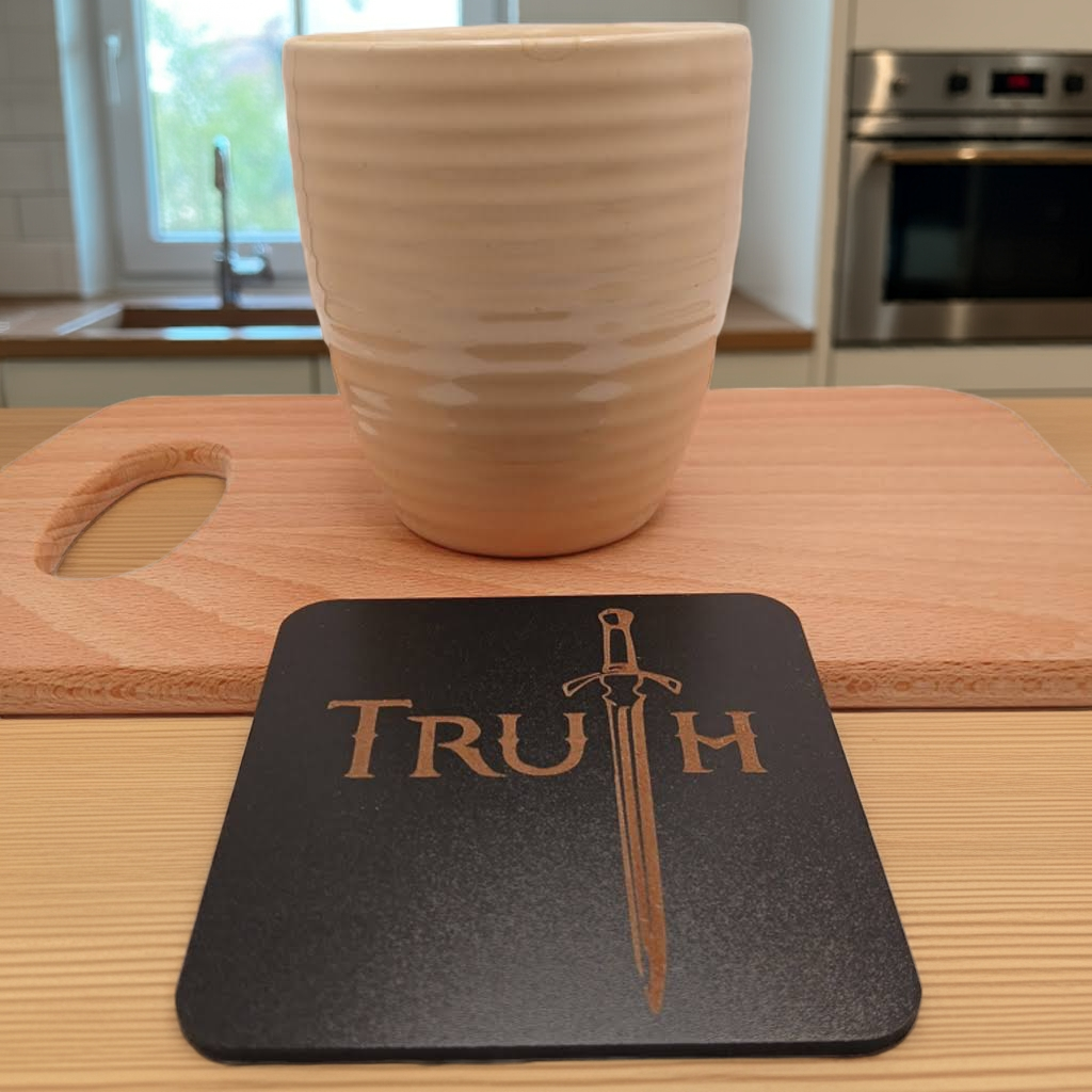 6 Wooden Coasters. Swords Collection. (3 Designs), Square. Black Wood Collection.