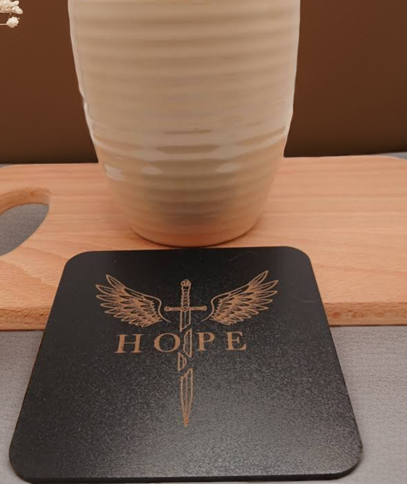 6 Wooden Coasters. Swords Collection. (3 Designs), Square. Black Wood Collection.
