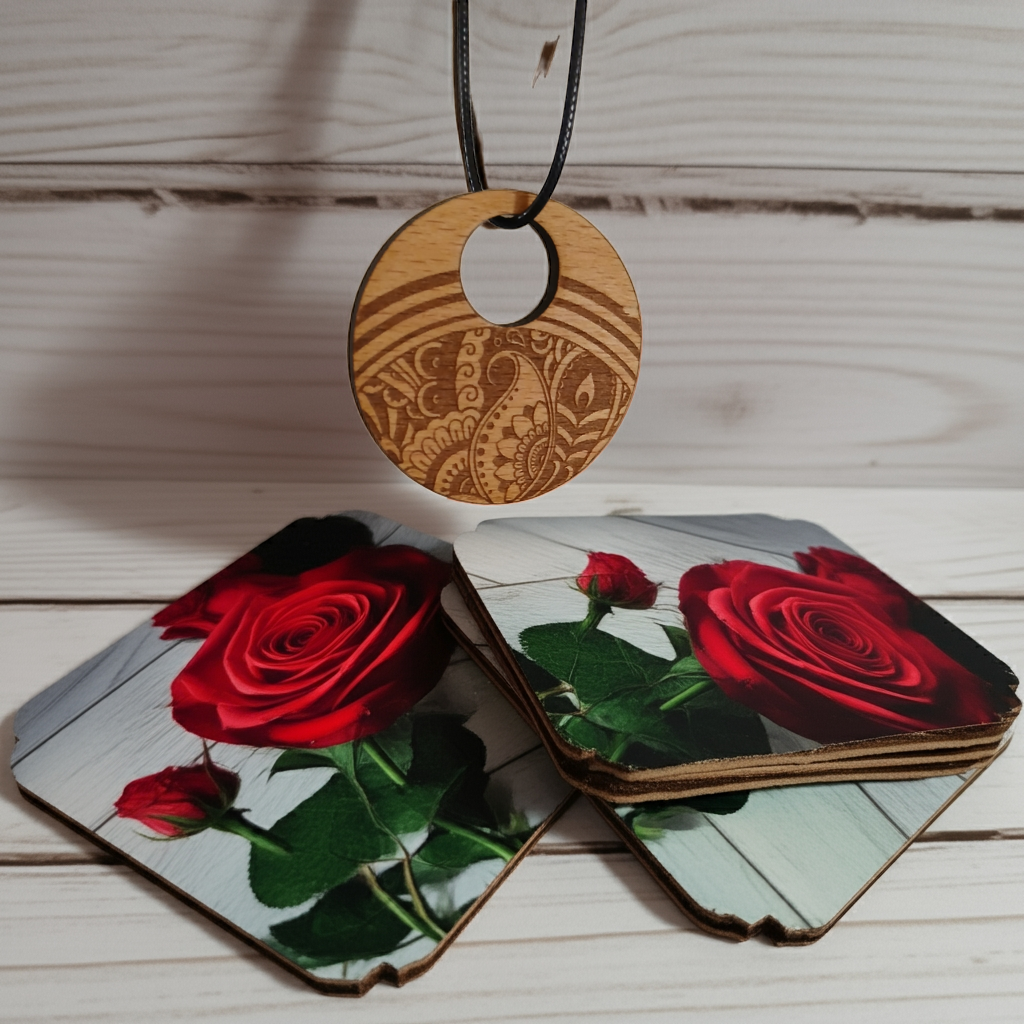 Beautiful Wood Mandala Pattern Engraved Pendant with waxed necklace. Pendant measures 50mm diameter
