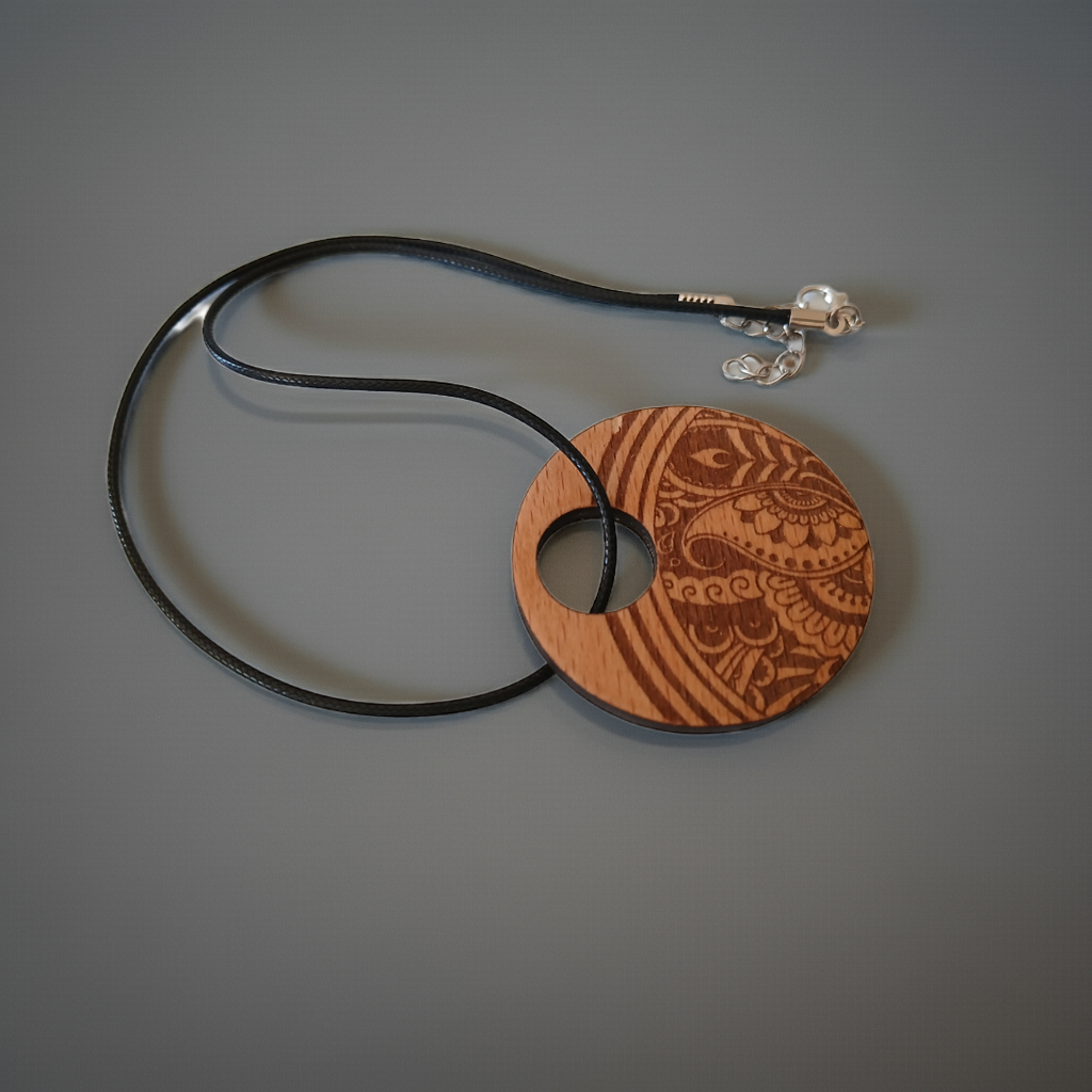 Beautiful Wood Mandala Pattern Engraved Pendant with waxed necklace. Pendant measures 50mm diameter