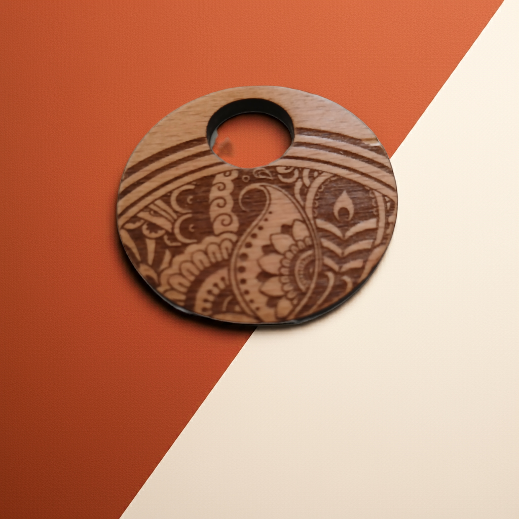 Beautiful Wood Mandala Pattern Engraved Pendant with waxed necklace. Pendant measures 50mm diameter