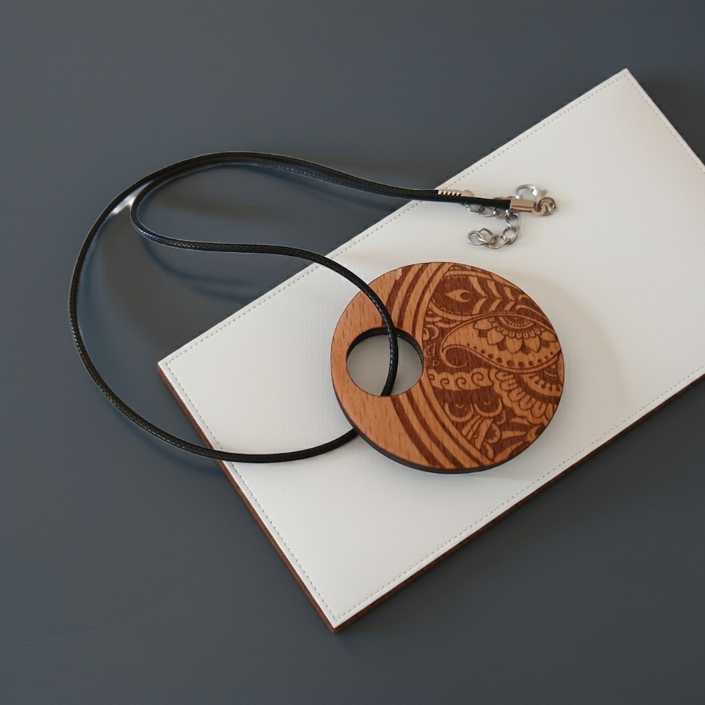 Beautiful Wood Mandala Pattern Engraved Pendant with waxed necklace. Pendant measures 50mm diameter