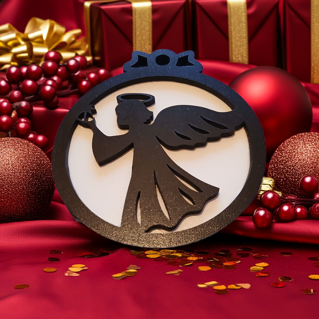 Set of 4, Black and White Wood Christmas Baubles, 95mm x 85xx x 0.5mm.