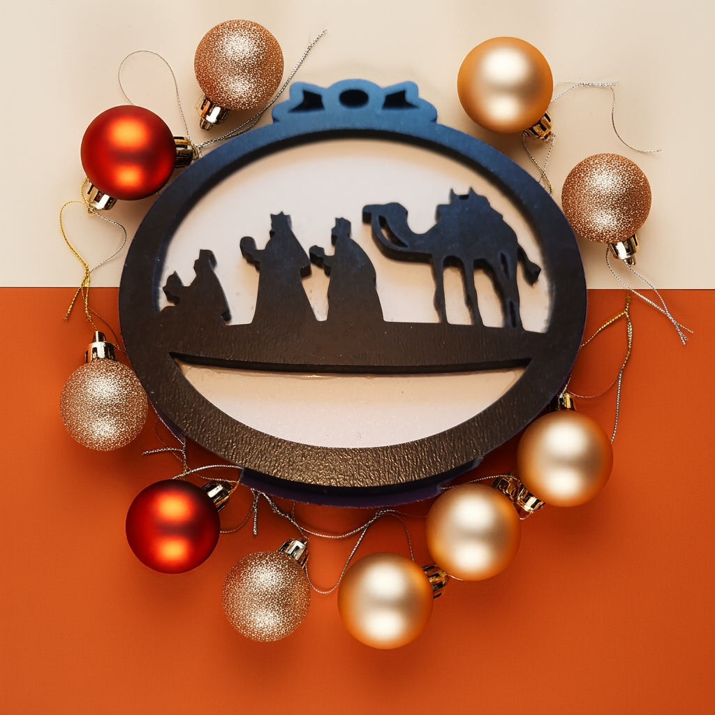 Set of 4, Black and White Wood Christmas Baubles, 95mm x 85xx x 0.5mm.