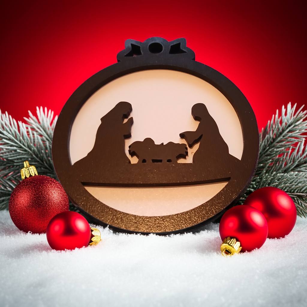 Set of 4, Black and White Wood Christmas Baubles, 95mm x 85xx x 0.5mm.