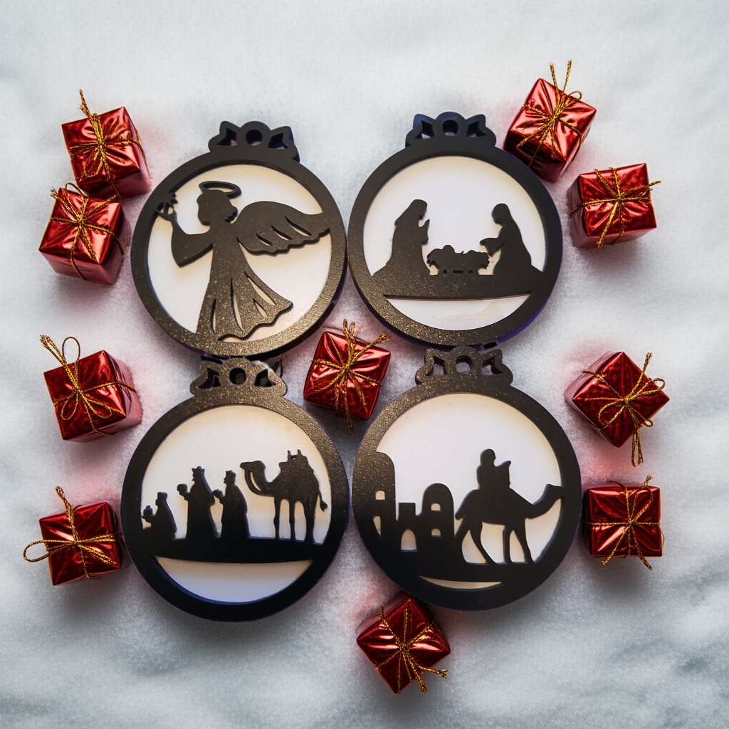 Set of 4, Black and White Wood Christmas Baubles, 95mm x 85xx x 0.5mm.