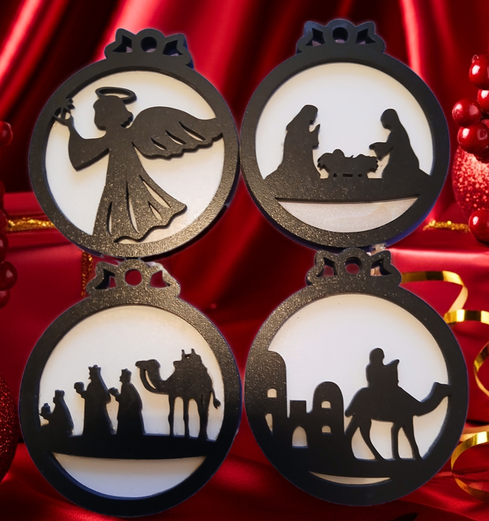 Set of 4, Black and White Wood Christmas Baubles, 95mm x 85xx x 0.5mm.