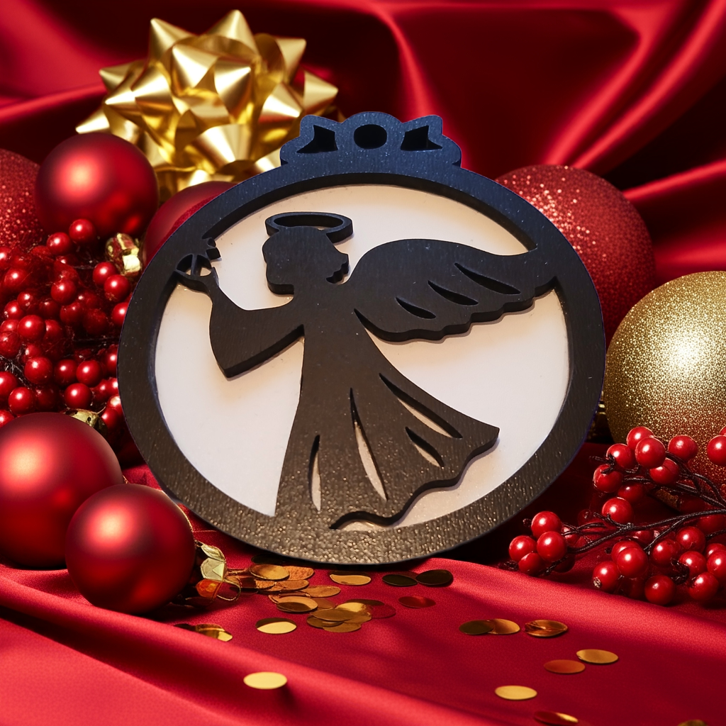 Set of 4, Black and White Wood Christmas Baubles, 95mm x 85xx x 0.5mm.