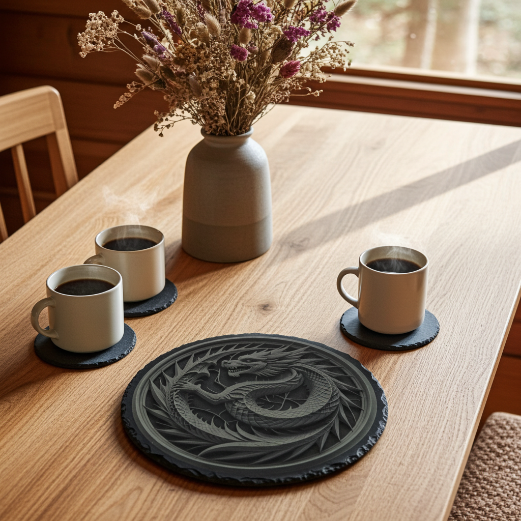 Serving, Drinks or Cheese Platter. 30cm diameter natural slate engraving- Dragon- 3d effect, with bumper feet.
