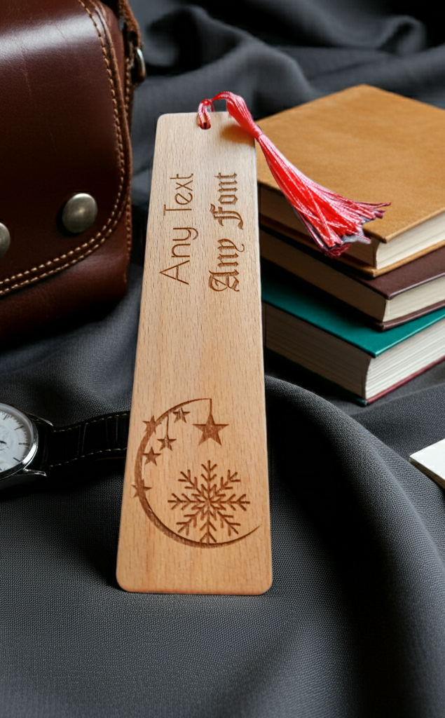 Christmas Moon, Stars and Snowflake Wood Bookmark. Personalise with any Text and Font.