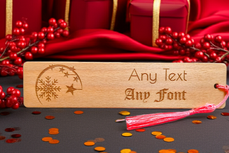 Christmas Moon, Stars and Snowflake Wood Bookmark. Personalise with any Text and Font.