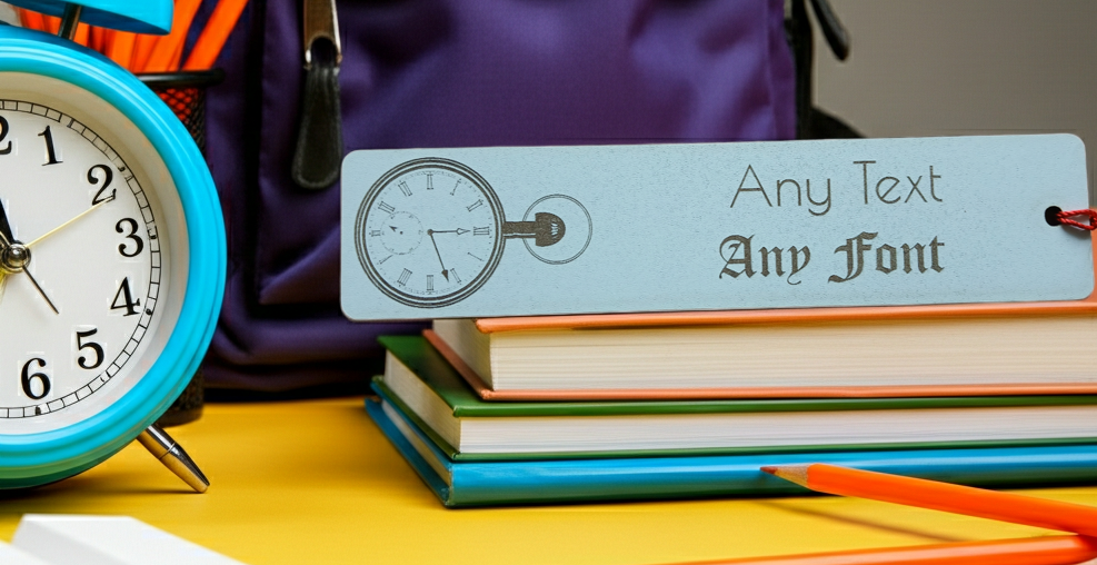 Detailed Pocket Watch engraved Bookmark on white wood. Personalise with any text and font. With tassel attached.