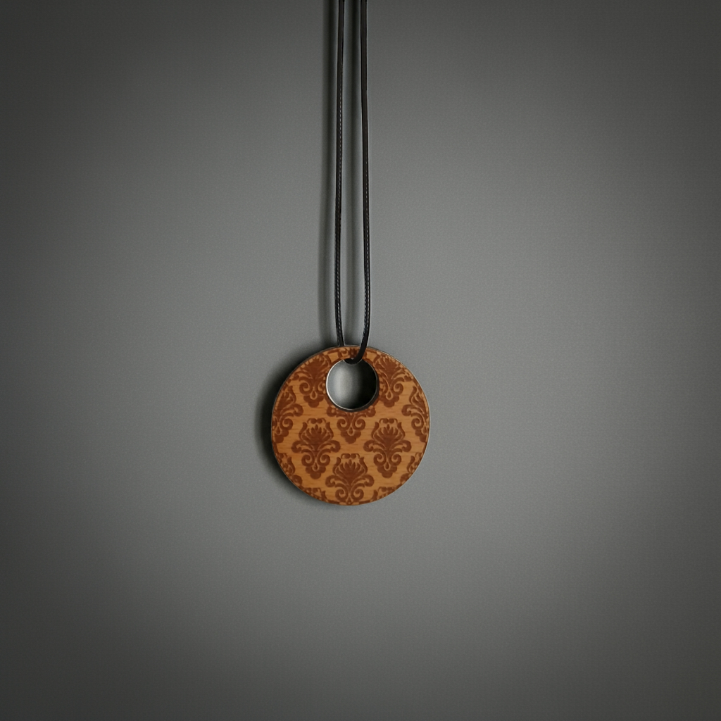 Detailed Wood Flower Pattern Engraved Pendant with waxed necklace. Pendant measures 50mm diameter