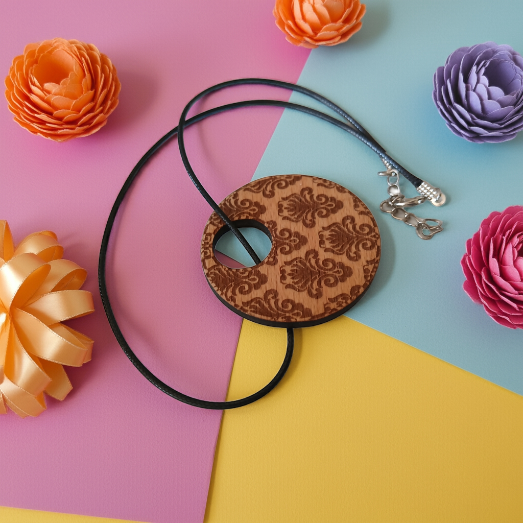 Detailed Wood Flower Pattern Engraved Pendant with waxed necklace. Pendant measures 50mm diameter