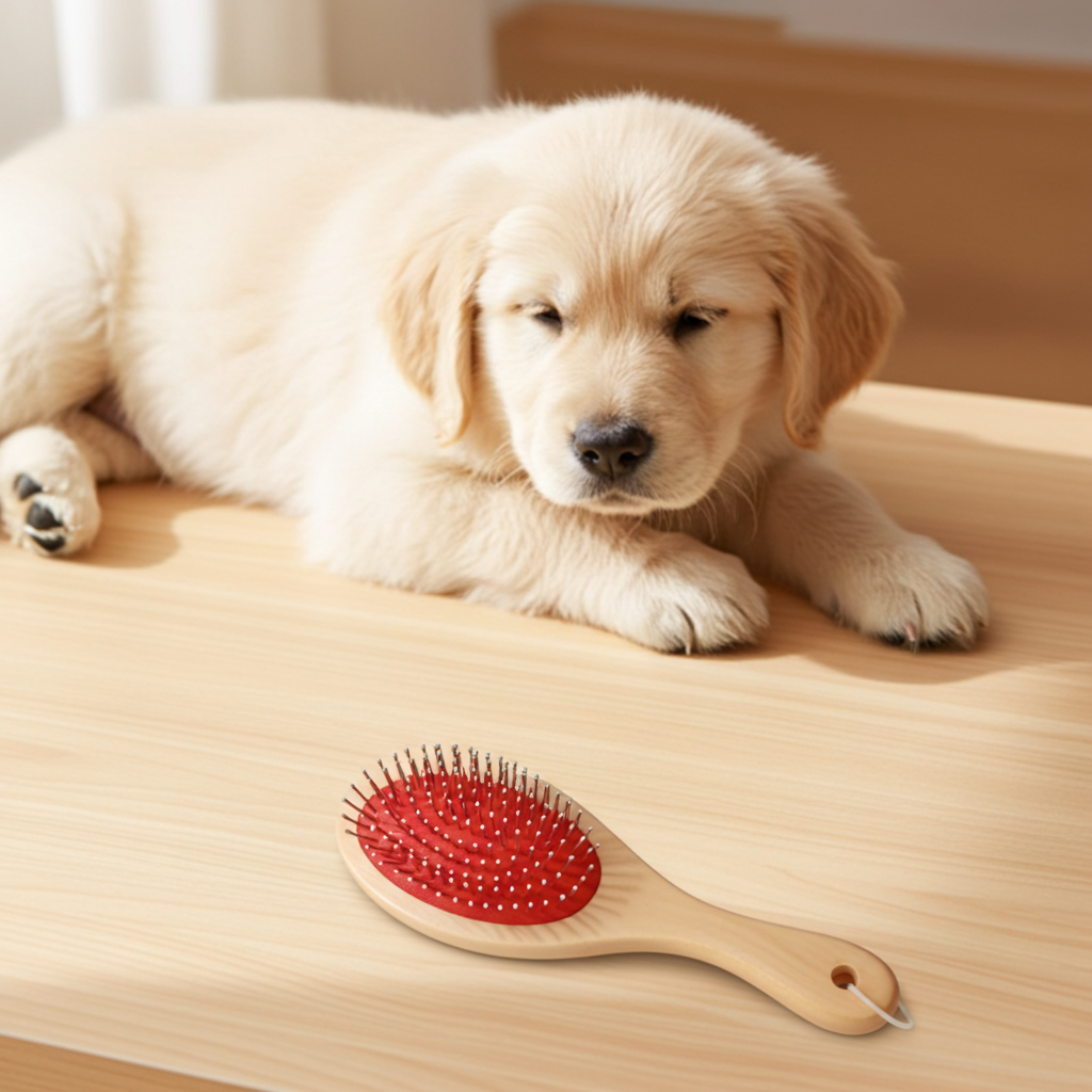 Dog Grooming Set: Drying Mitt, Double Sided Brush and Cherry Medicated Shampoo.