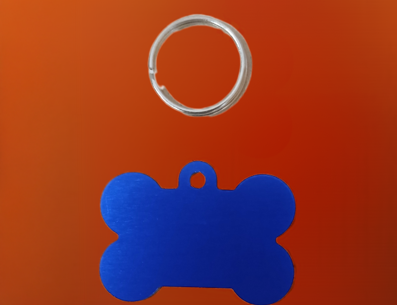 Dog ID Tags. Bone Shaped, with Steel Ring Loop. Variety of Colours. Suits Medium to Larger dogs.