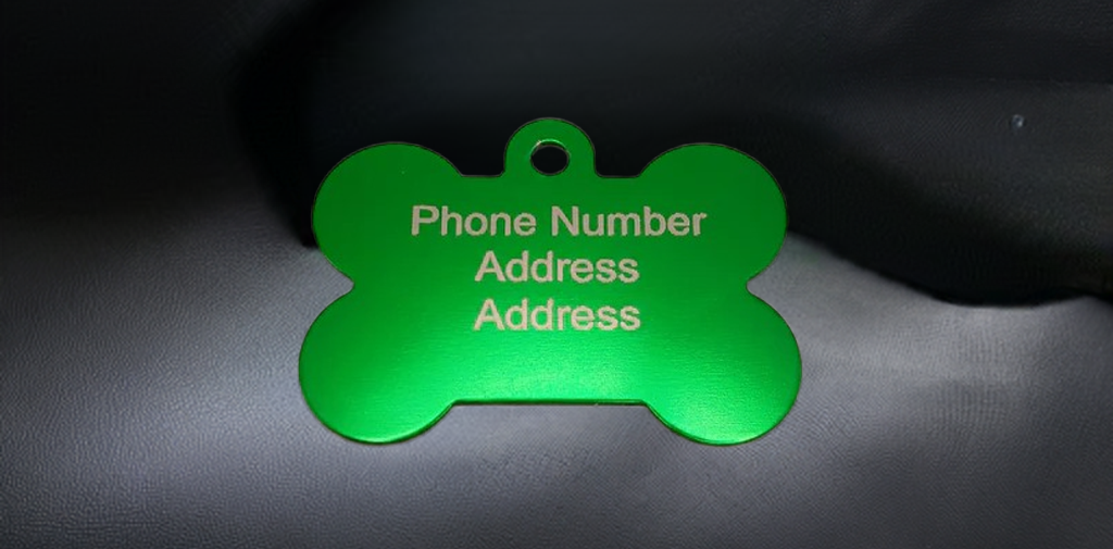 Dog ID Tags. Bone Shaped, with Steel Ring Loop. Variety of Colours. Suits Medium to Larger dogs.