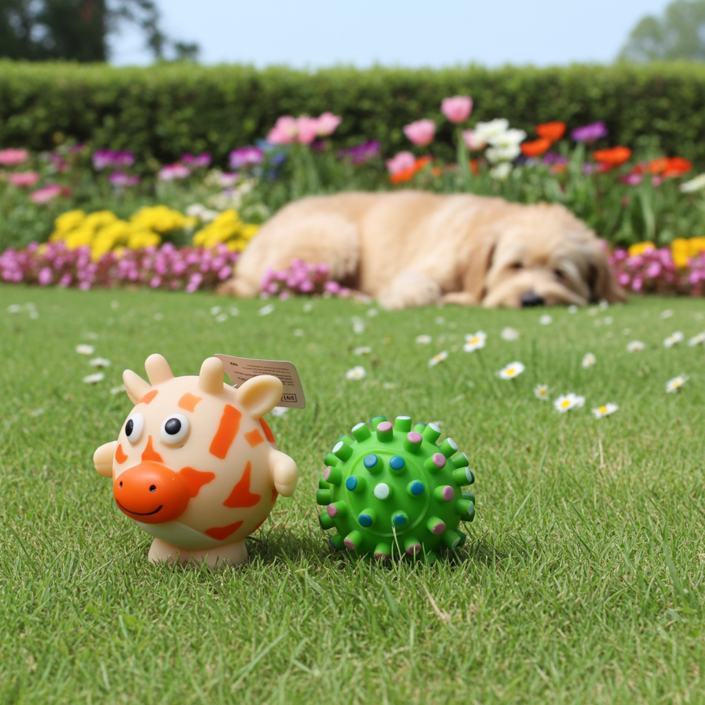 Dog Toy Set. Medium to Large Dogs. Squeaky Giraffe toy and Green Ball with Hedgehog Ridges.