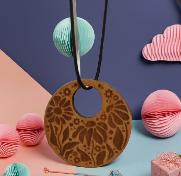 Engraved Flowers Pendant on Treated Steamed Beech Wood, 50mm diameter, with a Waxed Necklace.