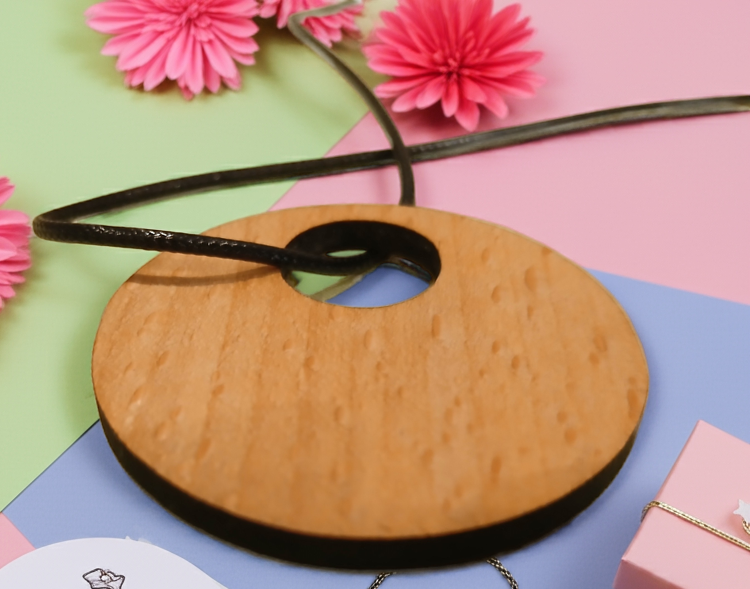 Engraved Flowers Pendant on Treated Steamed Beech Wood, 50mm diameter, with a Waxed Necklace.