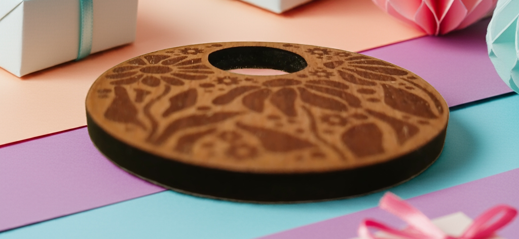 Engraved Flowers Pendant on Treated Steamed Beech Wood, 50mm diameter, with a Waxed Necklace.
