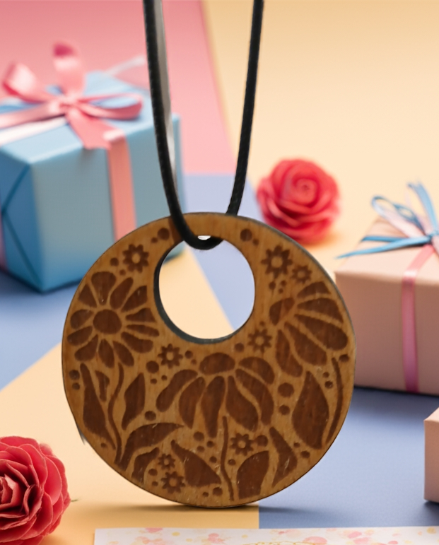 Engraved Flowers Pendant on Treated Steamed Beech Wood, 50mm diameter, with a Waxed Necklace.