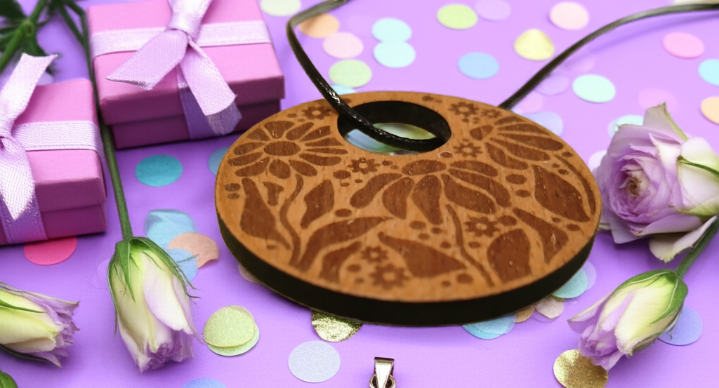 Engraved Flowers Pendant on Treated Steamed Beech Wood, 50mm diameter, with a Waxed Necklace.