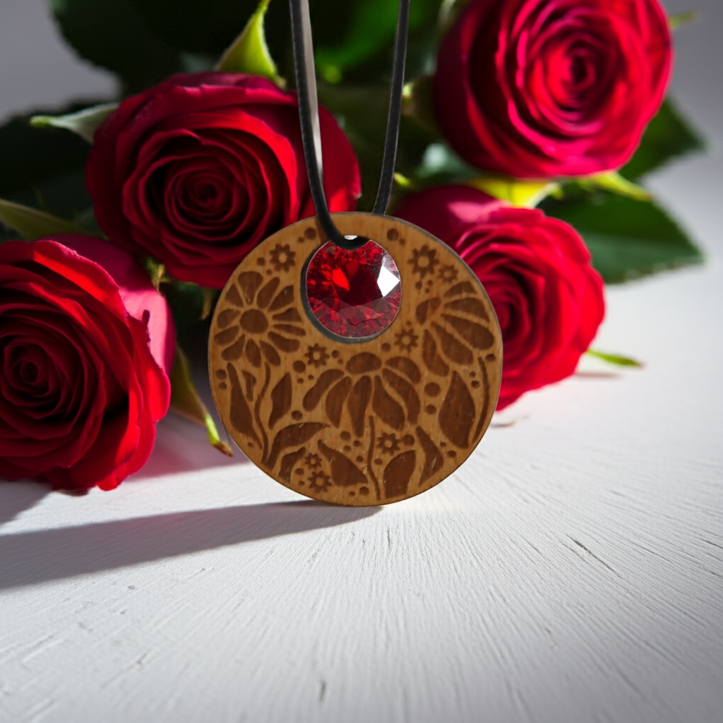 Engraved Flowers Pendant on Treated Steamed Beech Wood, 50mm diameter, with a Waxed Necklace.