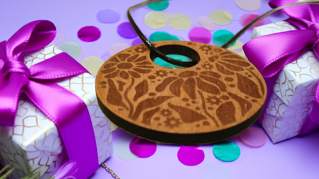 Engraved Flowers Pendant on Treated Steamed Beech Wood, 50mm diameter, with a Waxed Necklace.