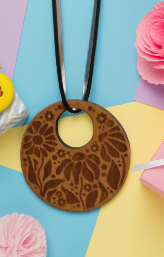 Engraved Flowers Pendant on Treated Steamed Beech Wood, 50mm diameter, with a Waxed Necklace.