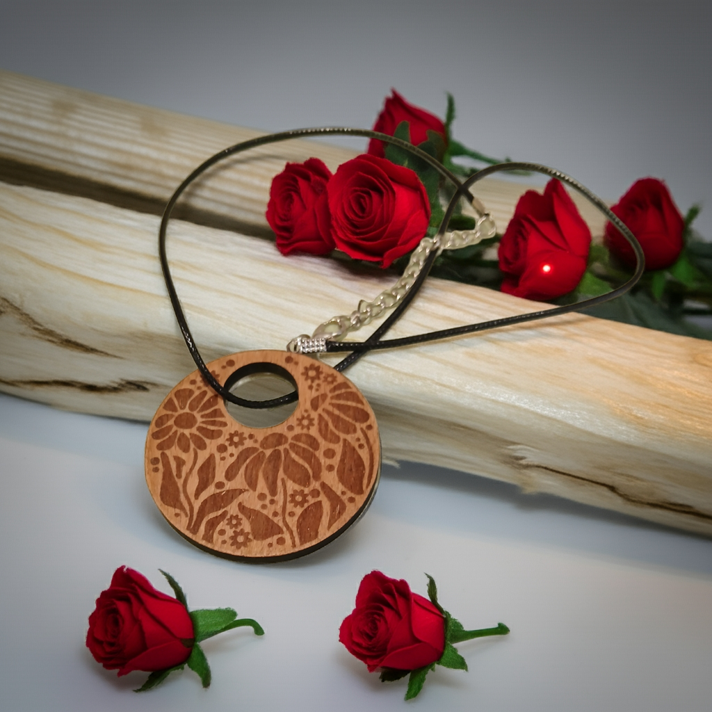 Engraved Flowers Pendant on Treated Steamed Beech Wood, 50mm diameter, with a Waxed Necklace.