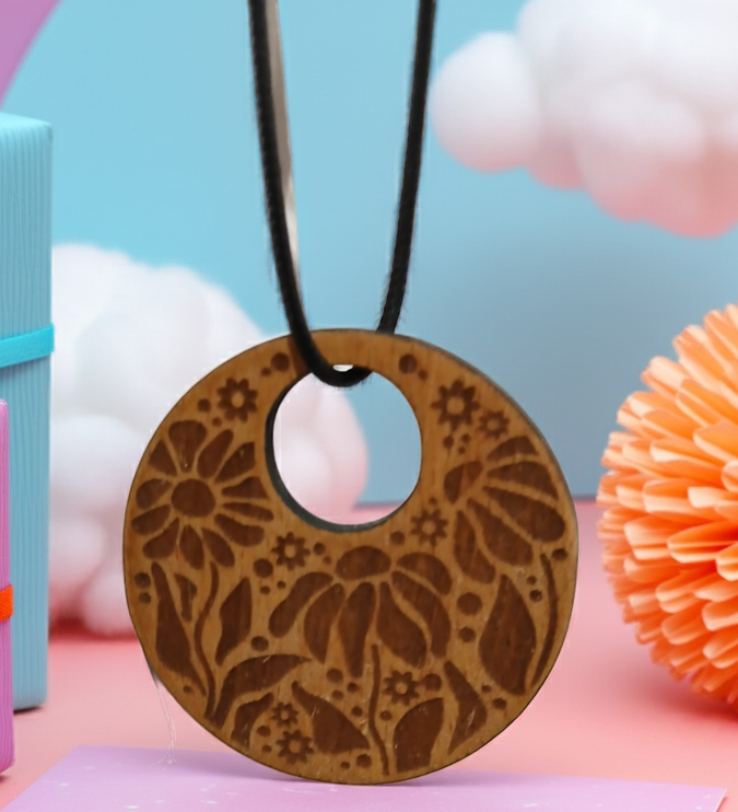 Engraved Flowers Pendant on Treated Steamed Beech Wood, 50mm diameter, with a Waxed Necklace.