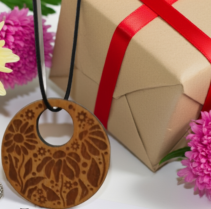 Engraved Flowers Pendant on Treated Steamed Beech Wood, 50mm diameter, with a Waxed Necklace.