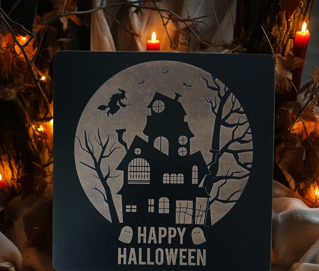 Halloween Wall Plaque / Door Sign. 27cm x 27cm x 3mm. Detailed and Spooky Engravings.