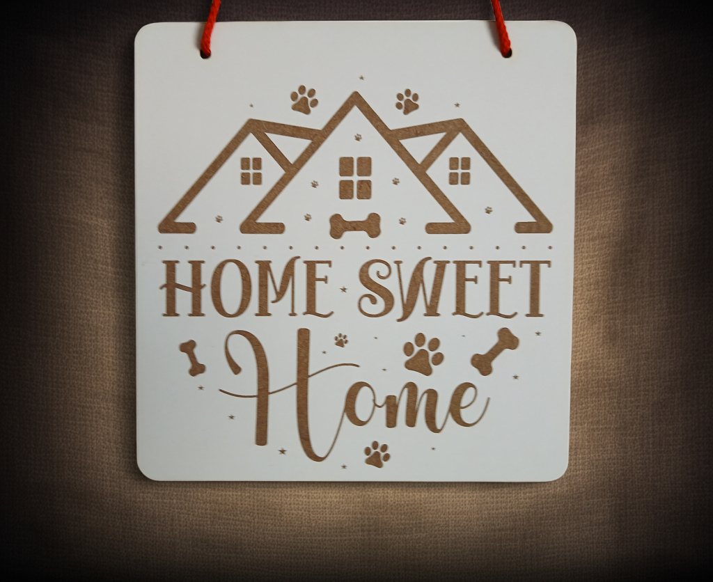 Dog Themed Home Sweet Home Sign, for hanging or affix to wall with our strong, leave no marks adhesive tape.