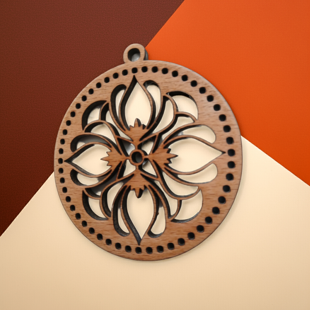 Intricate Round Steamed Beech Pendant. 70mm Diameter and 4mm thick.