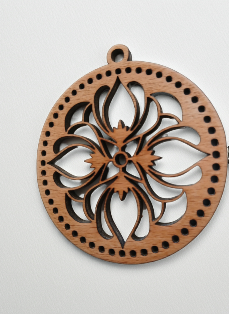 Intricate Round Steamed Beech Pendant. 70mm Diameter and 4mm thick.