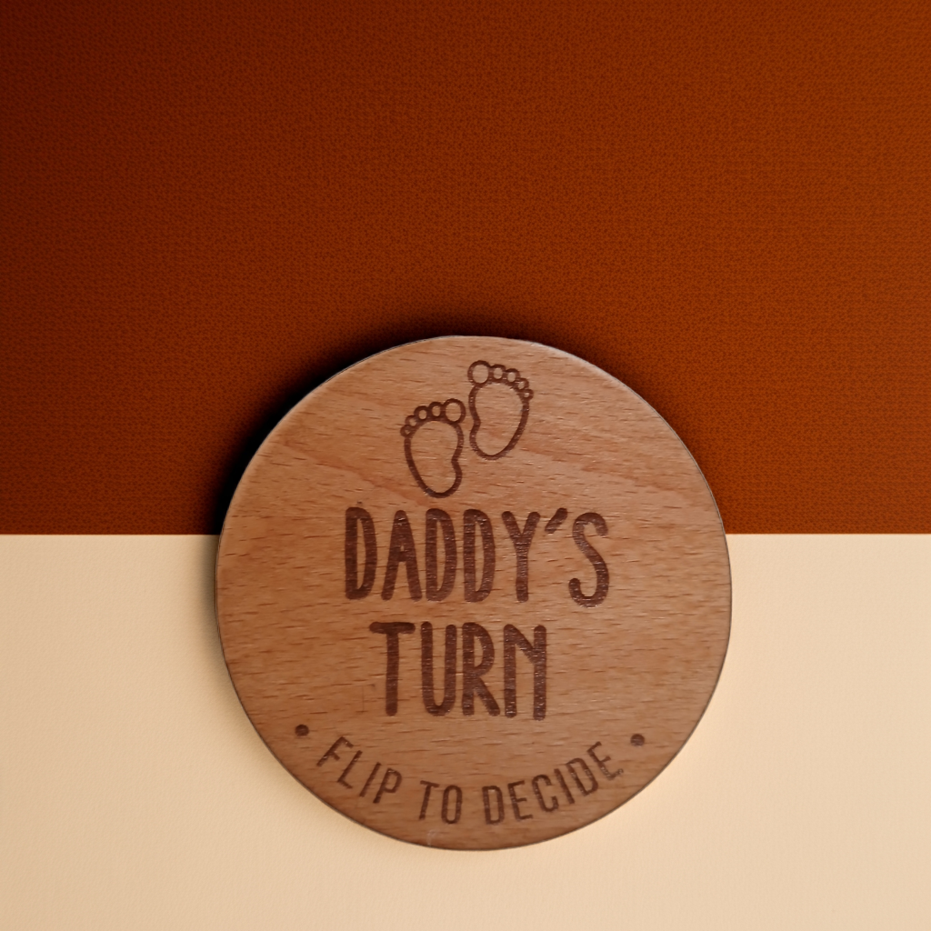 Parents Dilemma Decision Coin. 80mm diameter. Personalise with whose turn, e.g. Mommy, Mummy, Mum, Grandma, dad etc