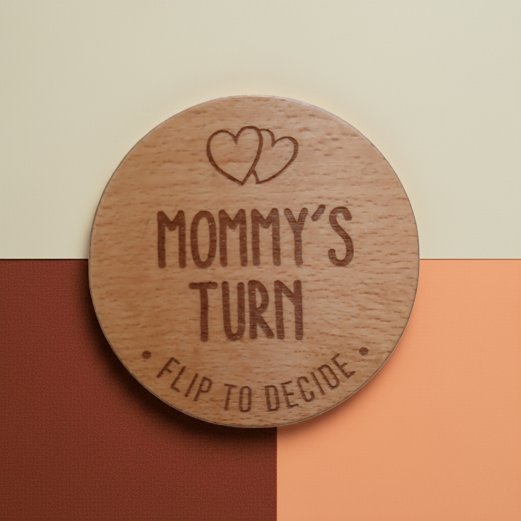 Parents Dilemma Decision Coin. 80mm diameter. Personalise with whose turn, e.g. Mommy, Mummy, Mum, Grandma, dad etc