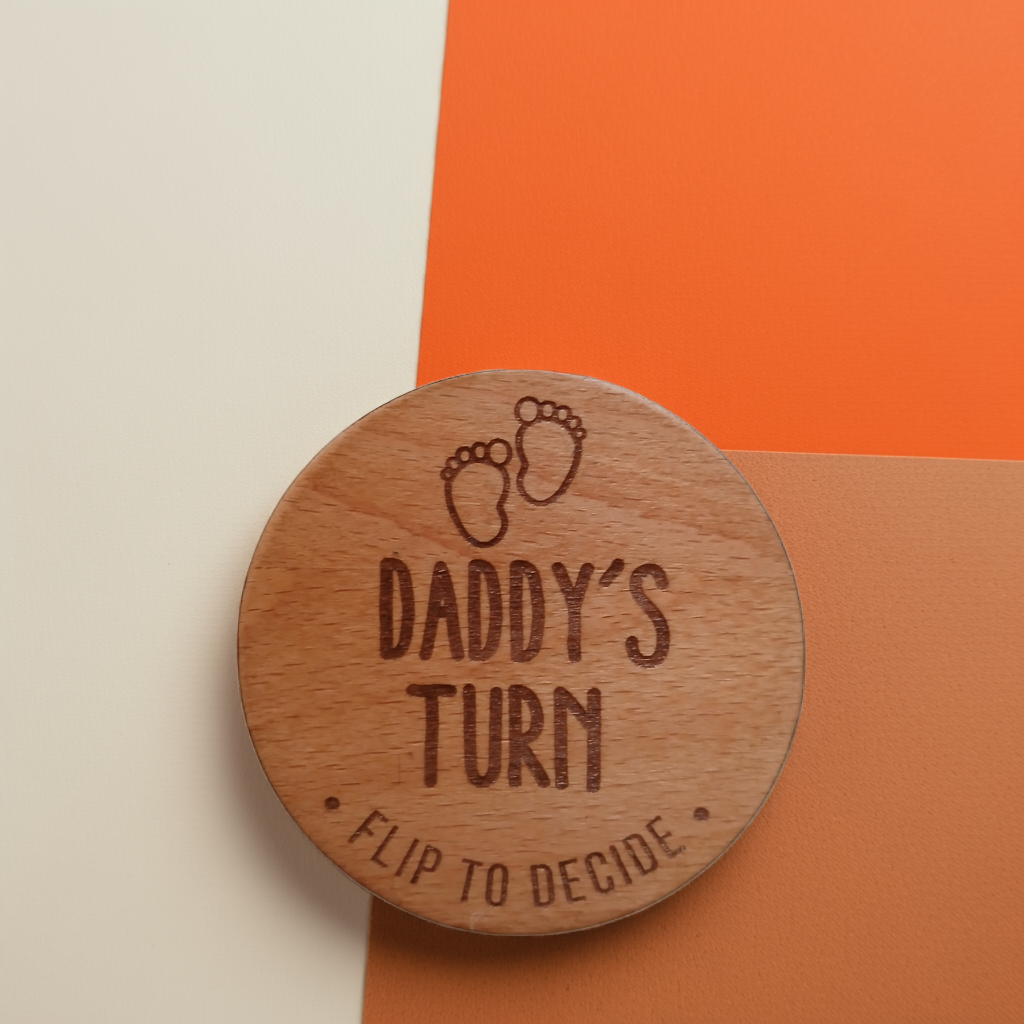 Parents Dilemma Decision Coin. 80mm diameter. Personalise with whose turn, e.g. Mommy, Mummy, Mum, Grandma, dad etc