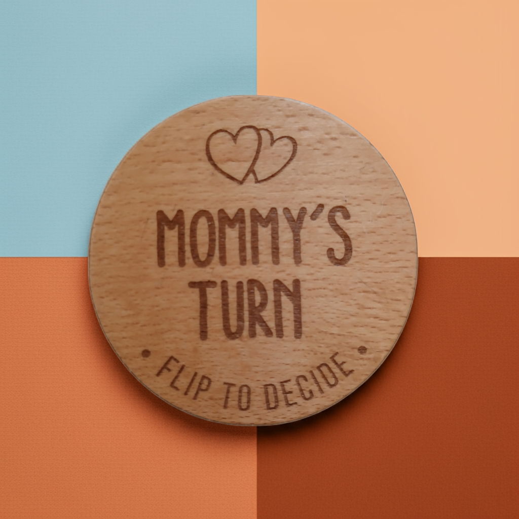 Parents Dilemma Decision Coin. 80mm diameter. Personalise with whose turn, e.g. Mommy, Mummy, Mum, Grandma, dad etc
