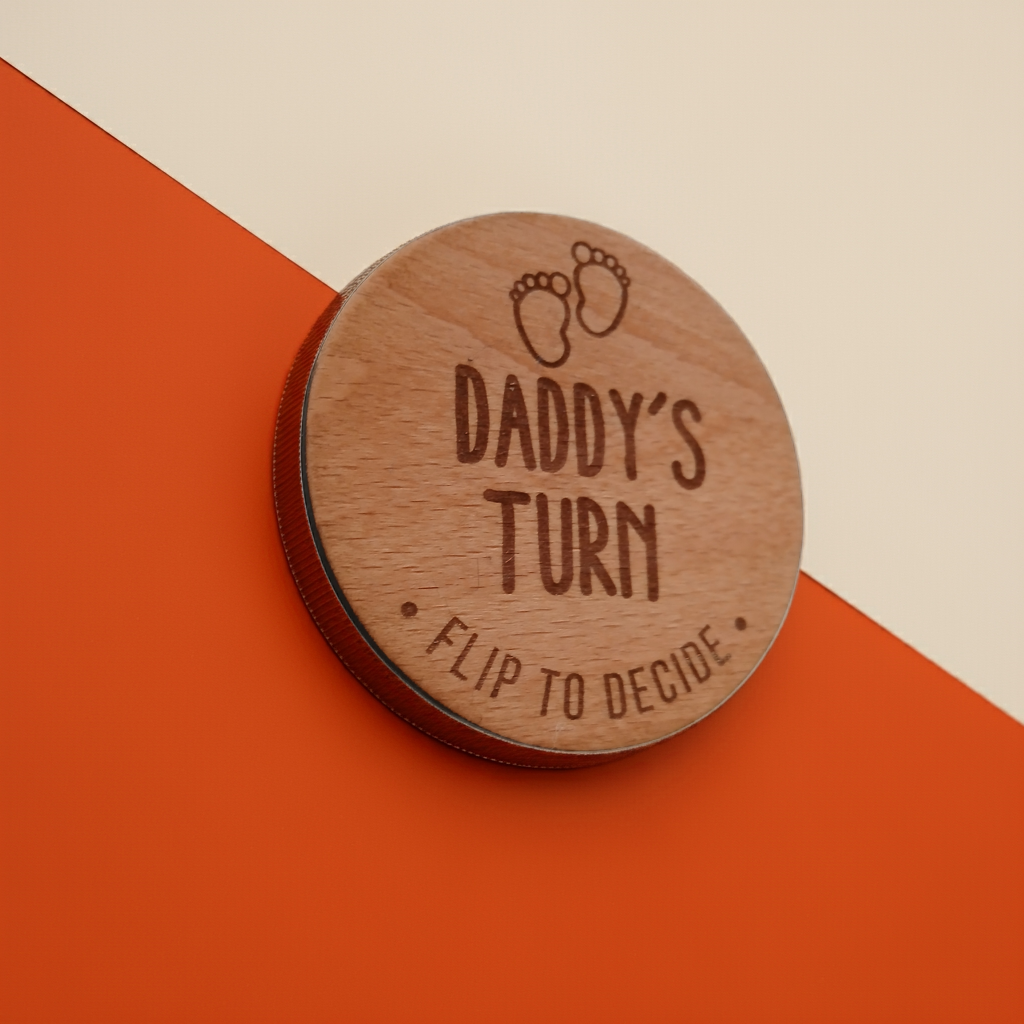 Parents Dilemma Decision Coin. 80mm diameter. Personalise with whose turn, e.g. Mommy, Mummy, Mum, Grandma, dad etc