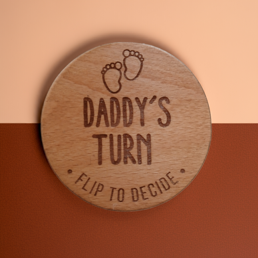 Parents Dilemma Decision Coin. 80mm diameter. Personalise with whose turn, e.g. Mommy, Mummy, Mum, Grandma, dad etc
