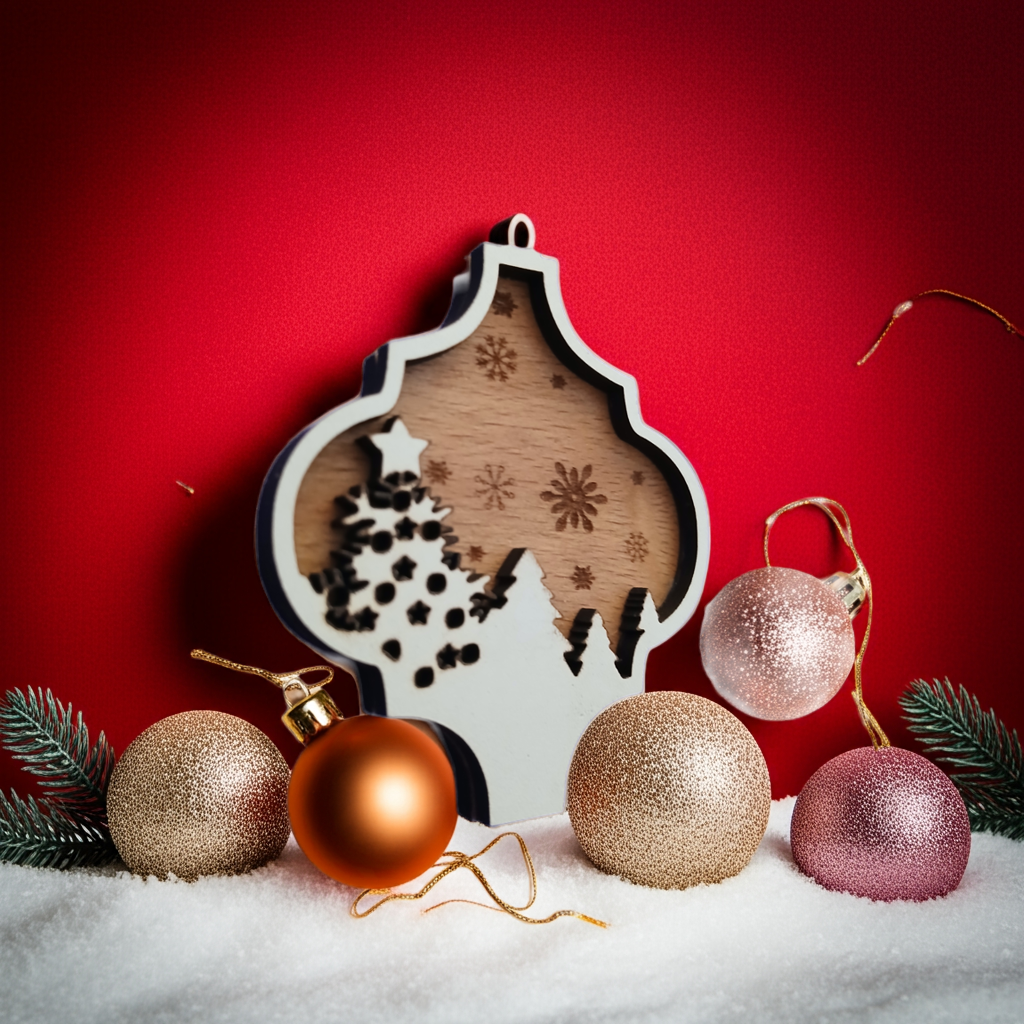 Personalise Christmas Baubles. White wood on Beech Wood. Engrave name on back.